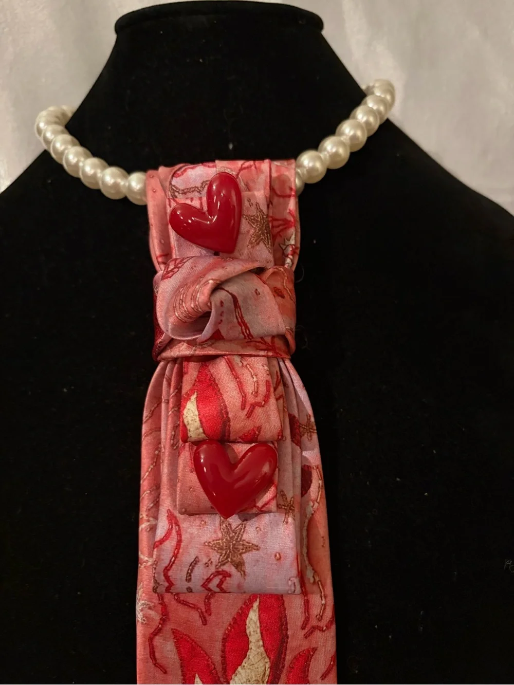 Red Heart Motif Silk Tie Scarf - Women Accessories